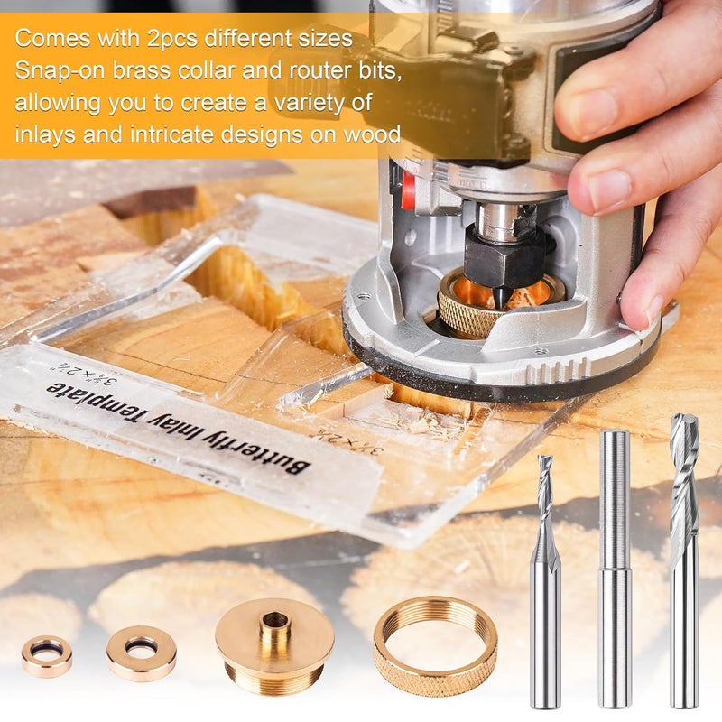 SpeTool Router Inlay Kit, Solid Brass Inlay Bushing Kit Includes 1/8 Inch and 1/4 Inch Cutting Diameter with 1/4 Shank Carbide Spiral Upcut Bit, Router Bushing Guide Set for Wood - Image 4